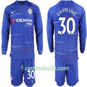 Camisolas de Futebol Chelsea David Luiz 30 Criança Equipamento Principal 2018/19 Manga Comprida